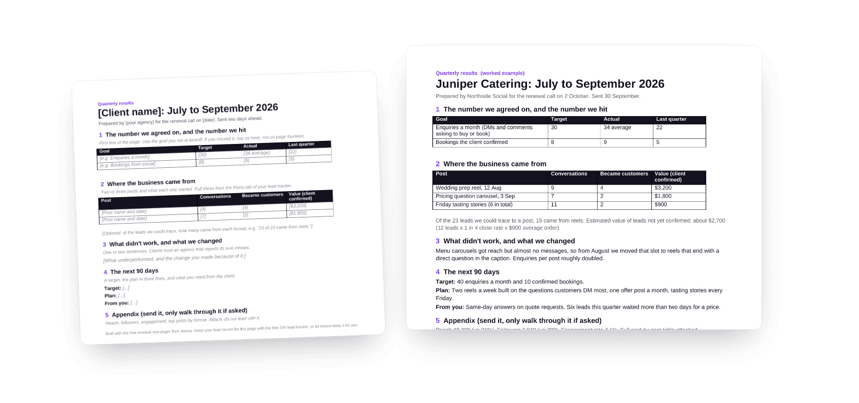 The renewal one-pager template beside a filled-in example